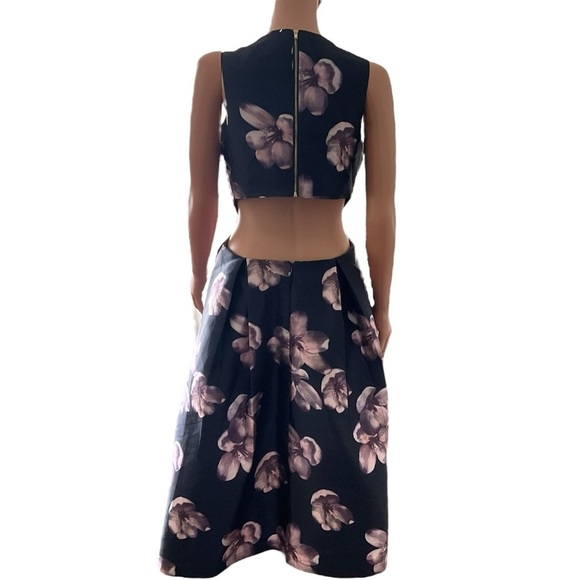 ANGEL Navy Blue Floral Cocktail Open Side  Back Cutaway Sleeveless Knee SZ Lg - Picture 5 of 12